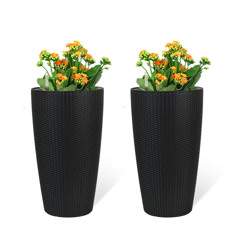Set of 2 Faux Rattan Tall Planters Outdoor Indoor Large Planters with Water Level Monitor Inner Bucket - Black
