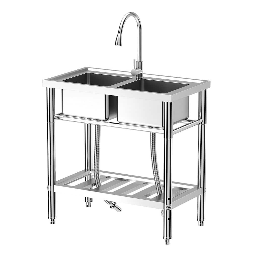 33x18x30 Inch Free Standing Dual Bowl Kitchen Utility Sink with Faucet