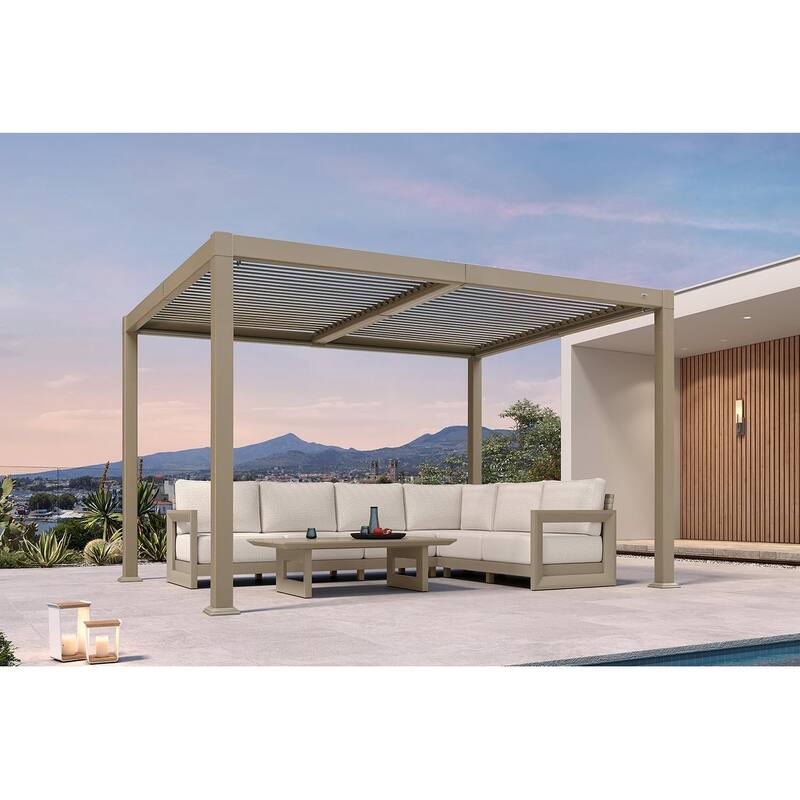 PURPLE LEAF Solar Louvered Pergola with LED String Lights Aluminum Outdoor Pergola with Adjustable Roof for Patio Garden - 10' x 12' - Champagne