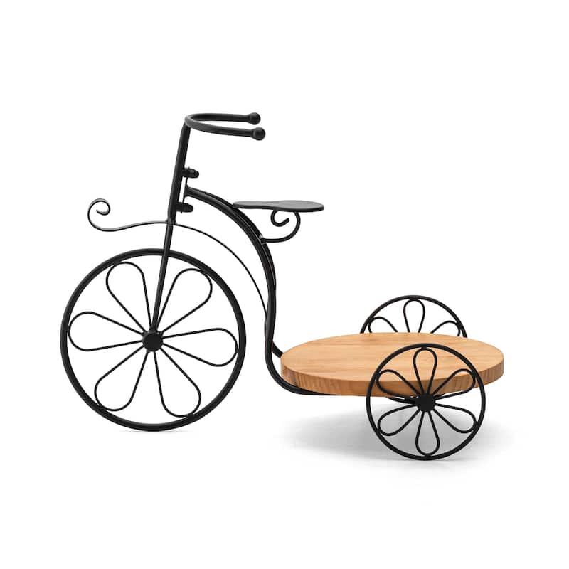Glitzhome 24"L Spring Metal Tricycle Planter Stands Flower Pot Cart with Wood Trays