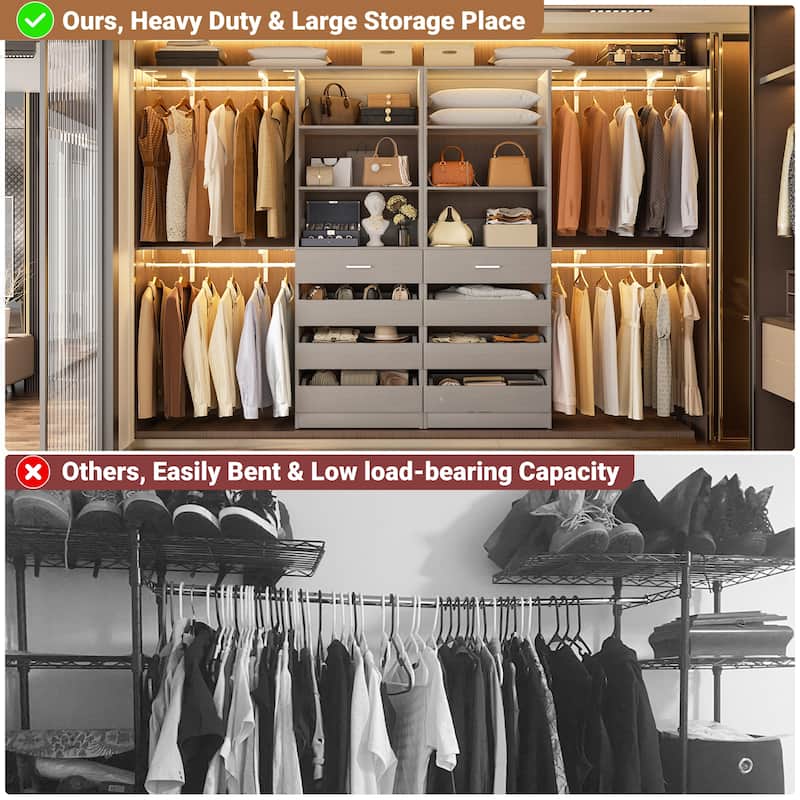 Set of 2 Closet System with Wooden Drawers and Hanging Rods, Closet Organizer with Adjustable Storage Shelves