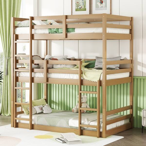 slide 2 of 39, Twin over Twin over Twin Triple Bunk Bed with Two Built-In Ladders, Detachable Triple Twin Bunk Bed with Guardrails White Oak