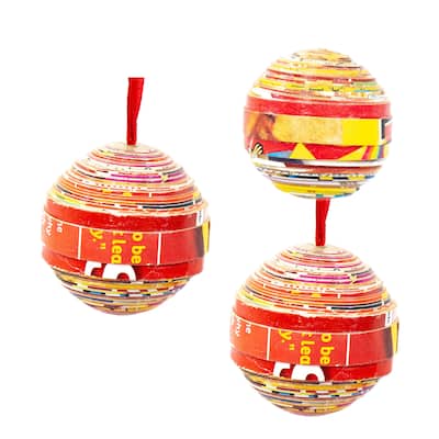Paper Mache Ball Handcrafted Haitian Ornament, Set of 3 - N/A