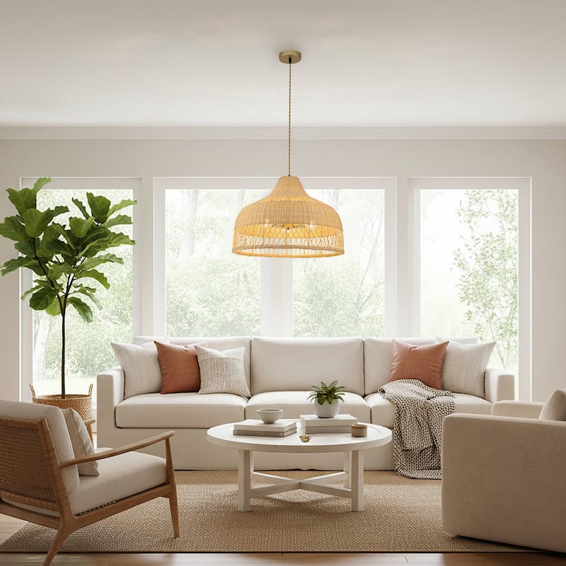 Lumara 3-Light Rattan Large Dome Pendant, Coastal Boho - Handwoven - 24" Wide