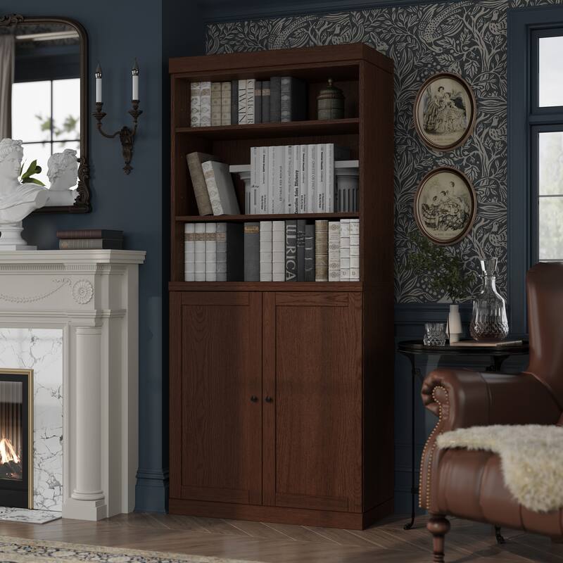 Palace Imports Premium 100% Solid European Oak Hardwood 6-Shelf Modular Bookcase with Bottom Shaker Doors - 32" Wide, 71.5" Tall - Rich-Cherry-Oak