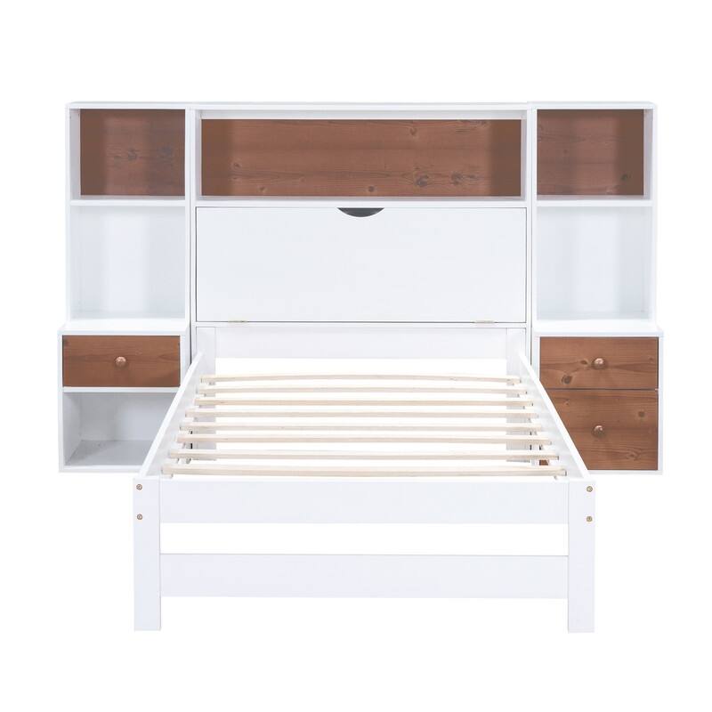 Twin Size Platform Bed with Hidden Storage Headboard, Wooden Kids Platform Bed Frame with
