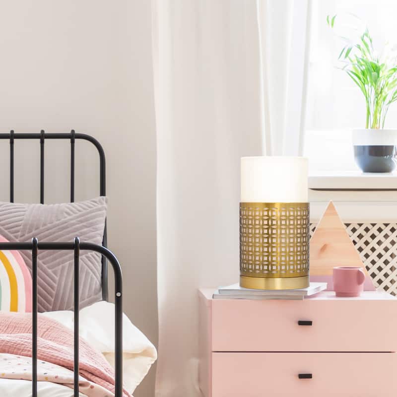 Eliza River of Goods Gold Metal and Fabric Two-Piece Shade 11-Inch Accent Lamp - 6.125" x 6.125" x 11"