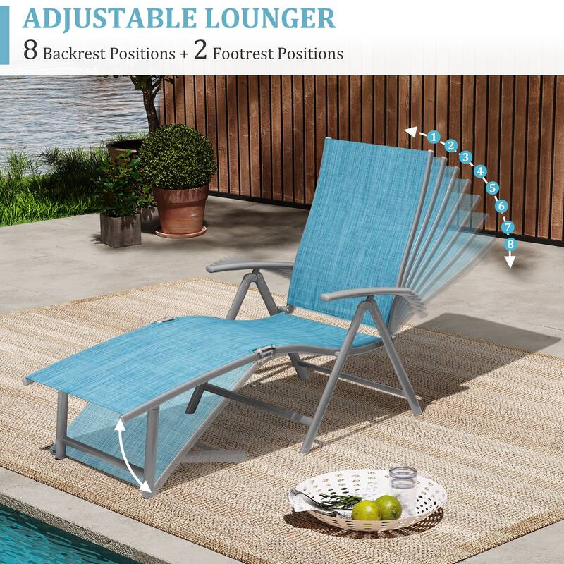 VredHom Outdoor Portable Folding Chaise Lounge Chair with Table (Set of 3) - 70" L x 20" W x 14" H