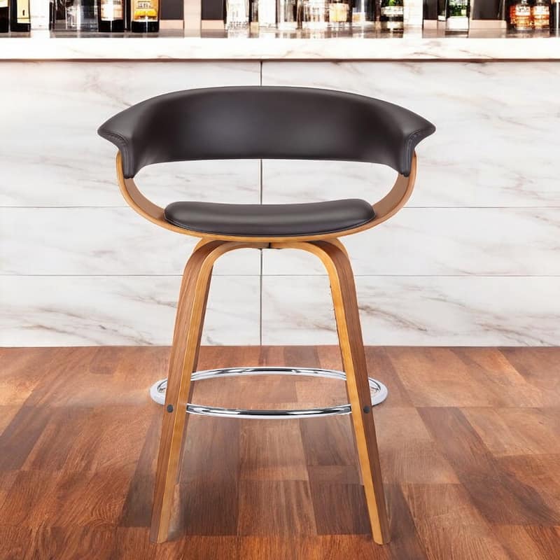 Brown Faux Leather Swivel Counter Height Bar Chair with Iron Frame and Footrest