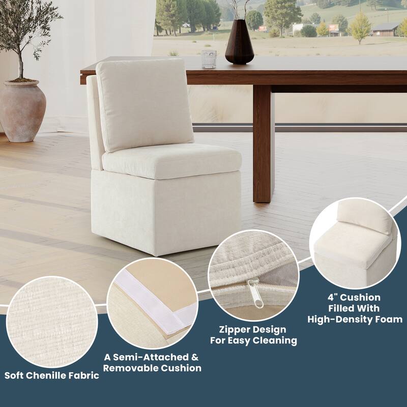Stansberry Chenille Upholstered Dining Chair with Under Seat Storage and Caster Wheels