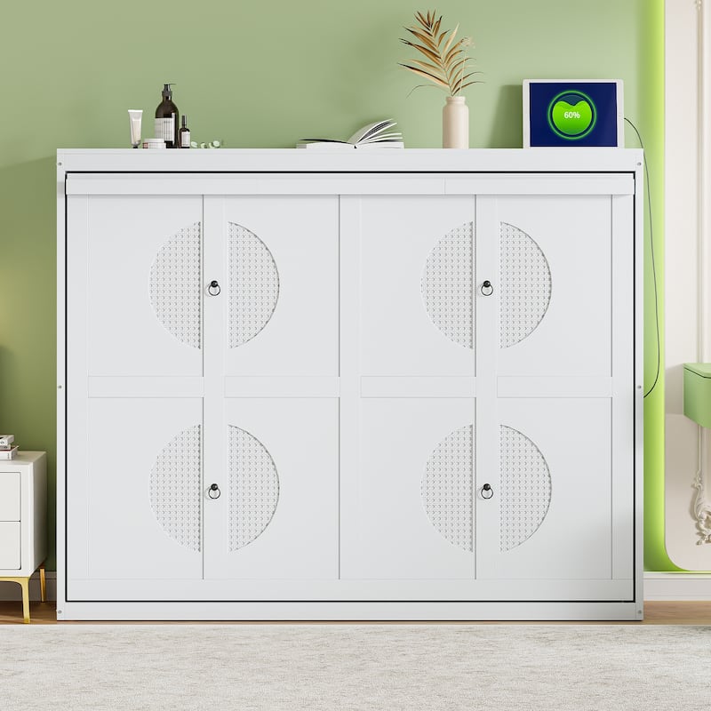 Foldable Murphy Bed Wall Bed Cabinet with USB Ports and Outlets - White - Queen