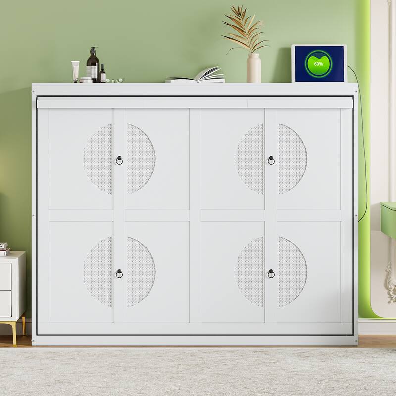 Murphy Bed Cabinet Bed with Circular Carving Pattern and Built-in Charging Station for a Multi-use Guest Room, Home Office - White - Queen