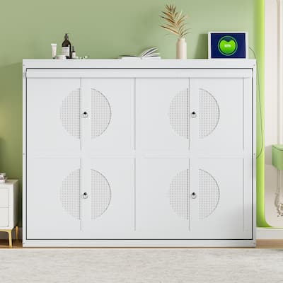 Queen Size Murphy Bed with Rattan Design & Dual-Piston Mechanism