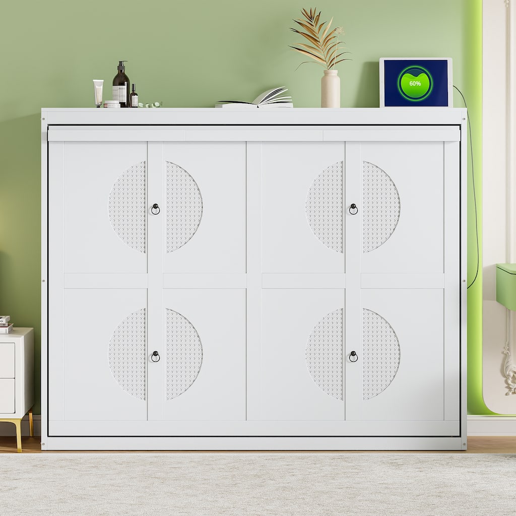 Queen Size Murphy Bed with Rattan Design & Dual-Piston Mechanism
