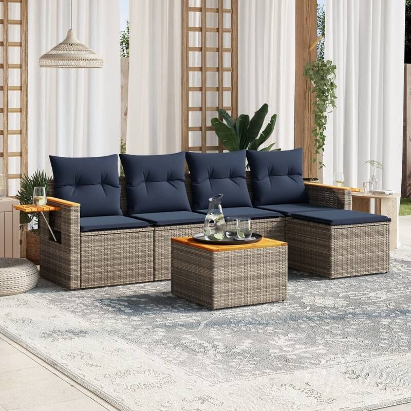 vidaXL 6 Piece Patio Sofa Set with Cushions Grey Poly Rattan (US only) - 92.1x27.2x67.7