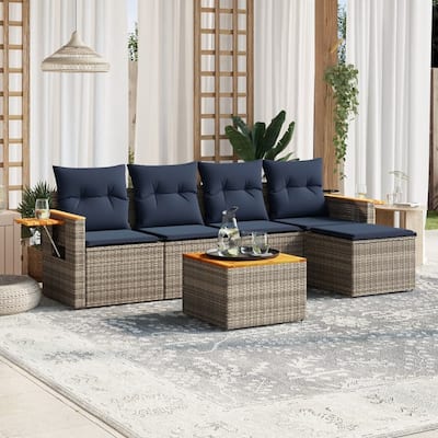 vidaXL 6 Piece Patio Sofa Set with Cushions Grey Poly Rattan (US only) - 92.1x27.2x67.7