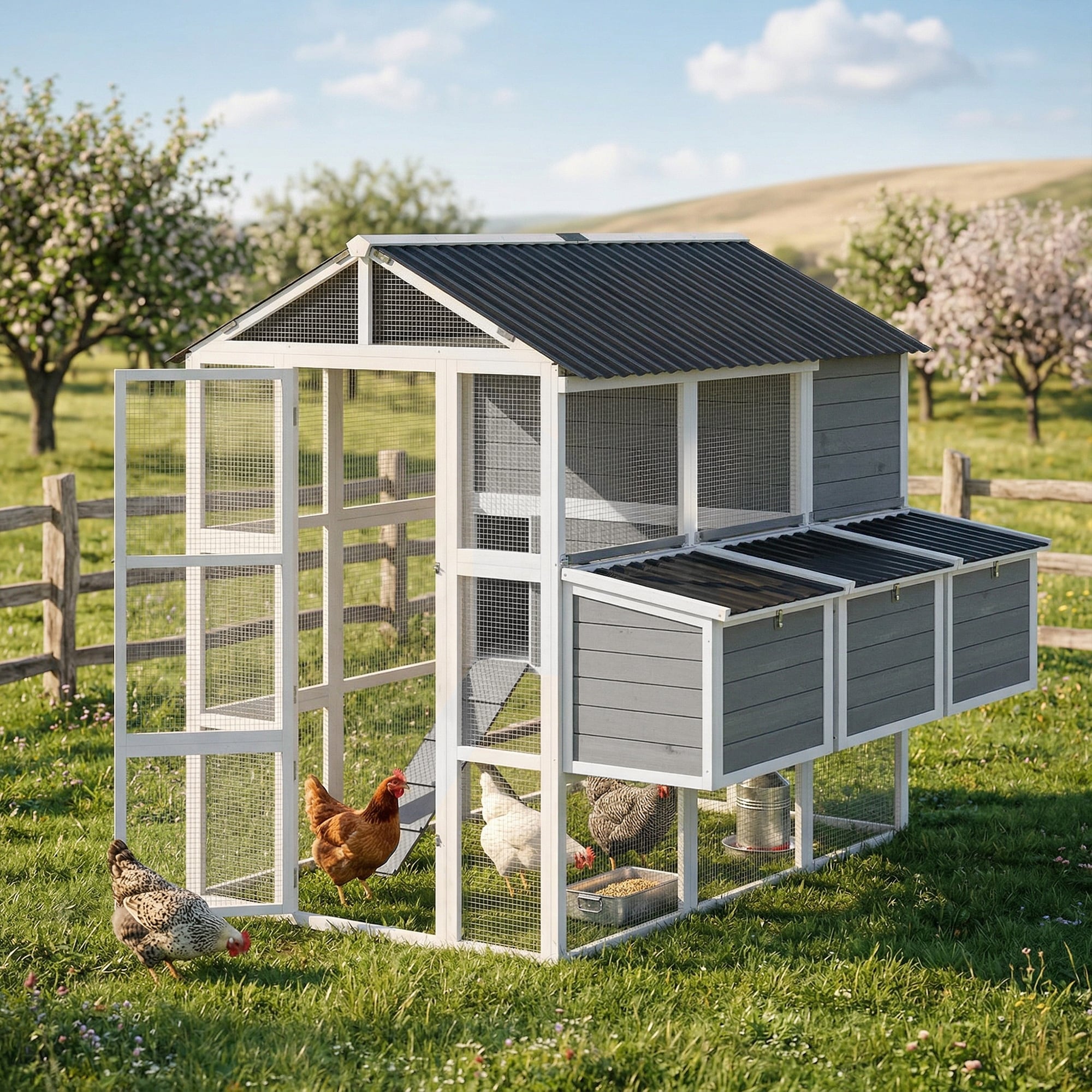 PawHut Gray 77" Large Wooden Chicken Coop with 3 Nesting Boxes