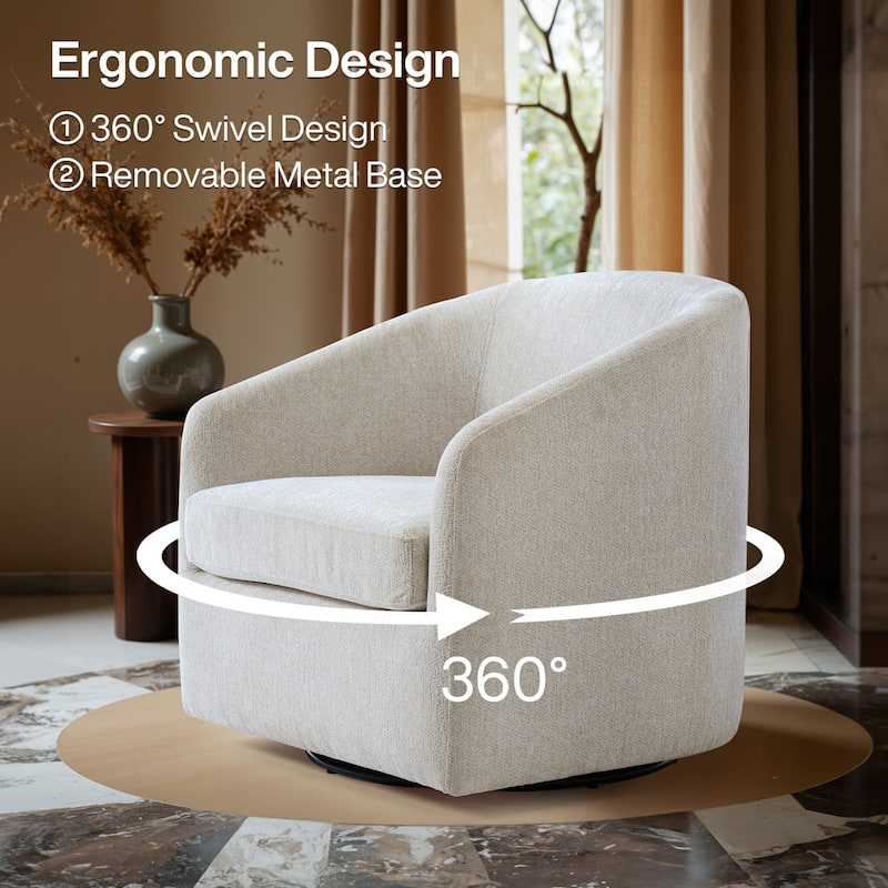 360° Swivel Accent Chair, Round Chenille Fabric Barrel Chair, Upholstered Armchair, Full Assembled