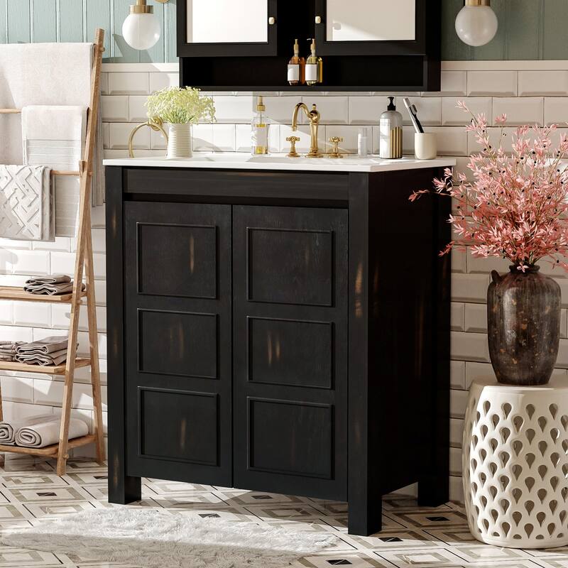 30-Inch Rustic Bathroom Vanity with Ceramic Sink,Soft-Close Doors