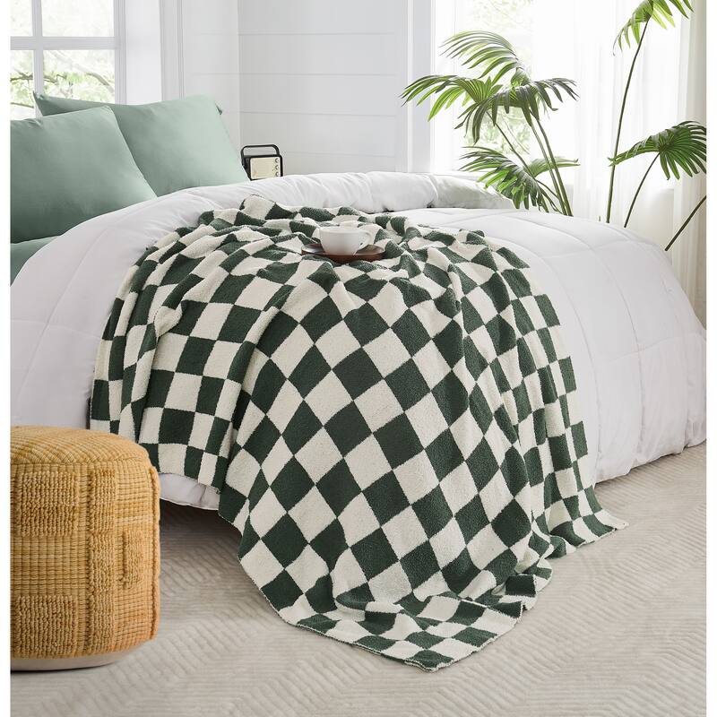 Truly Soft Cozy Checkerboard Reversible 50x70 Throw - Green