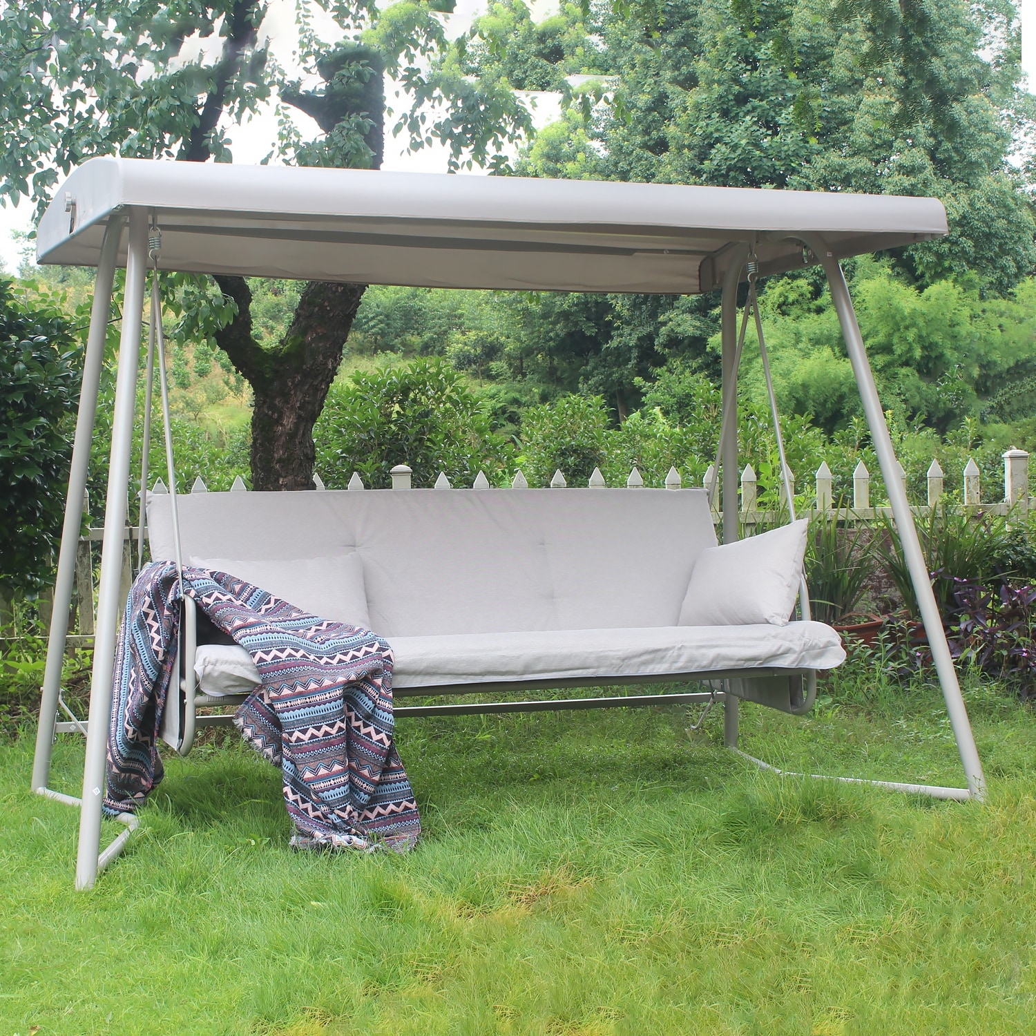Metal Swing Chair with Adjustable Canopy 3 Seater Outdoor Patio Swing Bed with Cushion Sturdy Steel Frame Convertible Design Red