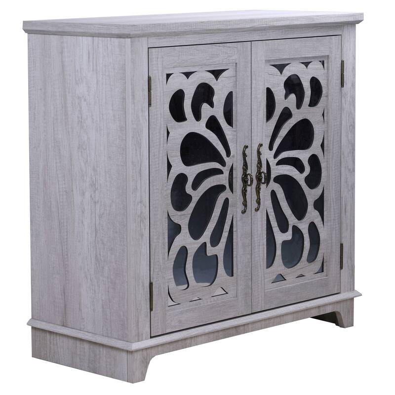 Elegant sideboard with 2 acrylic mirrored doors Sideboard and Buffet with Storage, Hollow-Carved Accent Cabinet