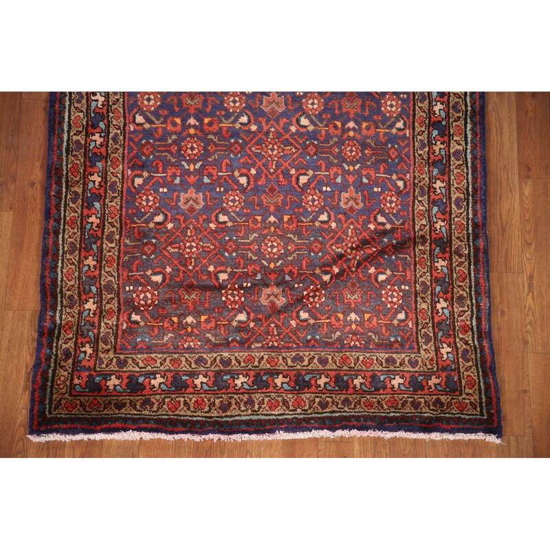 Hand Knotted Oriental 100% Wool Carpet Traditional Geometric Navy Blue & Blues Mahal Runner Rug - 9' 8'' X 3' 7''