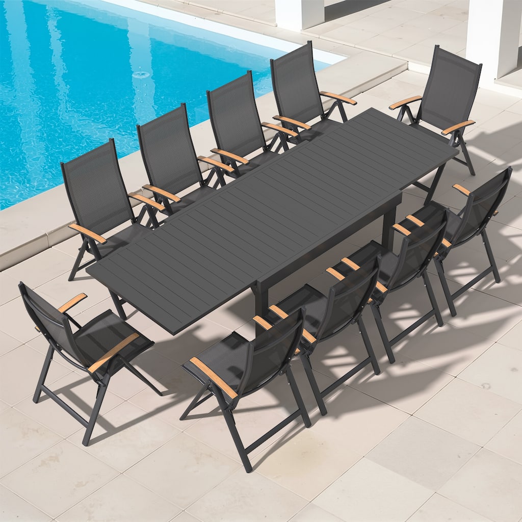 5/7/11-Piece Outdoor Patio Dining Set Aluminum Extendable Rectangular Dining Table with Adjustable Back Folding Chairs