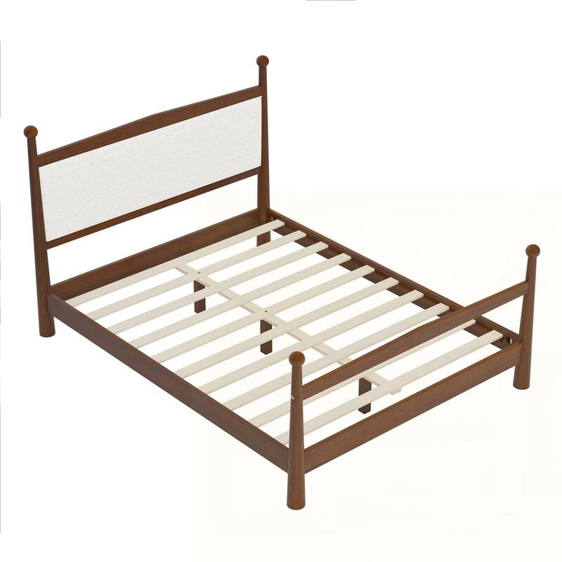 Solid Pine Wood Platform Bed with Upholstered Headboard