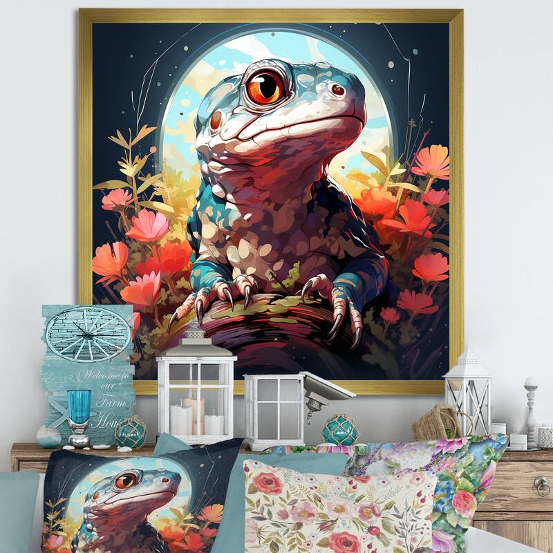 Designart "Salamander Reptile Portrait II" Reptile/Amphibian Wall Decor Pink Modern Entryway Framed Wall Art - 36 in. wide x 36 in. high - Gold