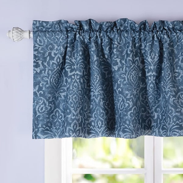 slide 1 of 14, DriftAway Frances Linen Blend Damask Printed Lined Rod Pocket Blackout Valance 50" Width X 18" Length - Blue