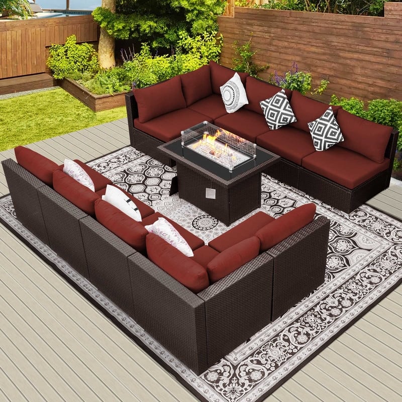 FINCATI Outdoor Wicker Patio Furniture Conversation Sectional Sofa Set - 11 PCS - Burgundy