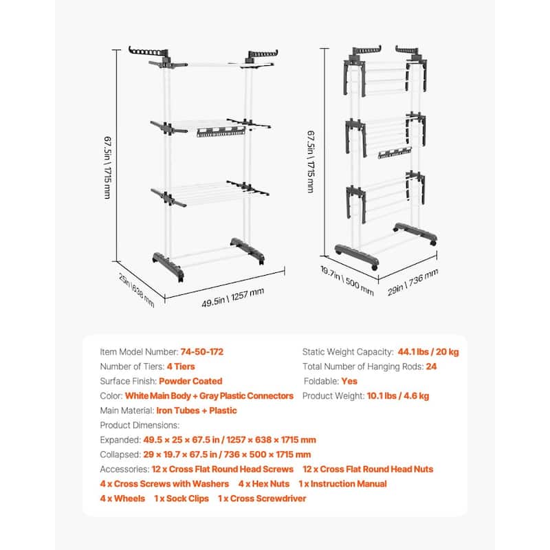 Foldable 4 Tier Clothes Drying Rack with 24 Rods and Wheels Heavy Duty Iron for Indoor Outdoor Use - 49.5" x 25" x 67.5"