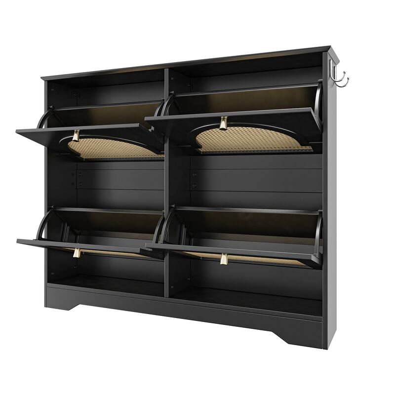 Mid-Century Narrow Tipping Bucket Shoe Cabinet with 4 Flip Drawers and Rattan Doors - 42.1" W × 8.3" D × 35.4" H