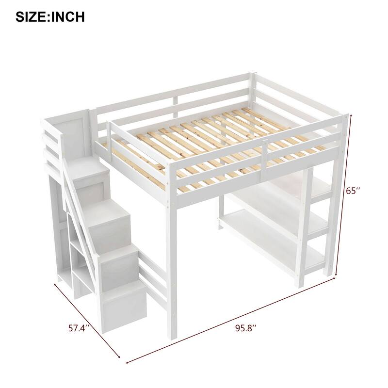 Twin/Full Size LED Loft Bed with Storage Staircase and Wardrobe, Solid Pine Wood High Loftbed Frame with 4 Layer Storage Shelves
