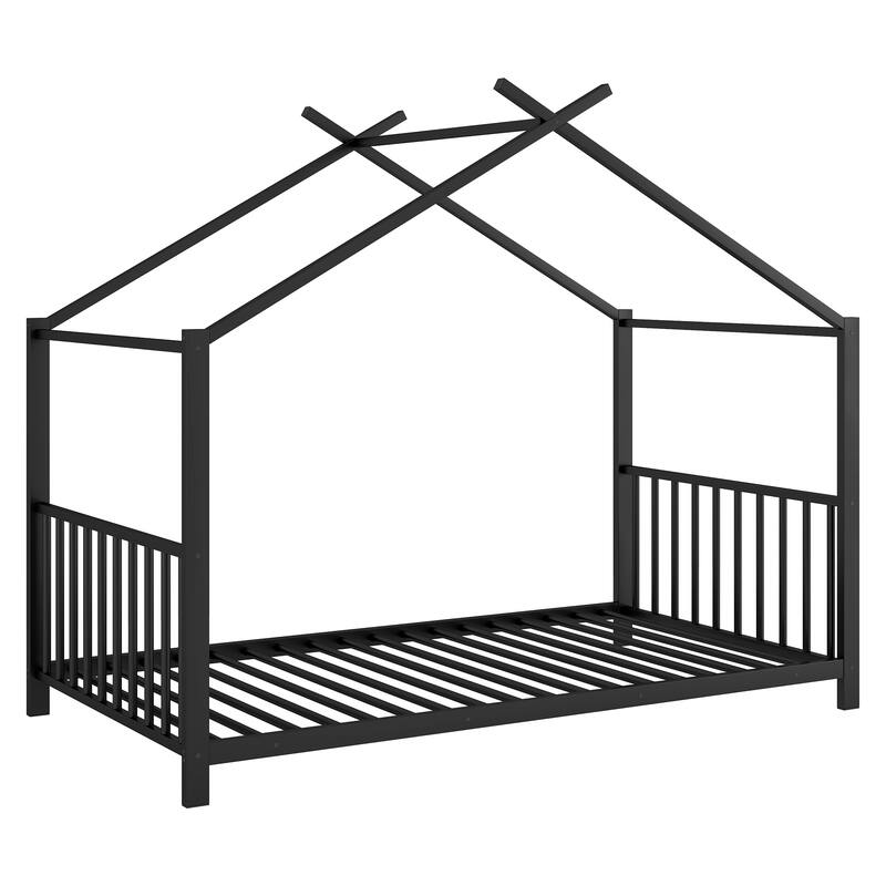 Roomfitters Twin Size Metal House Platform Bed Frame with Modern Minimalist Style and Guardrail