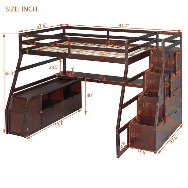 dimension image slide 4 of 6, Loft Bed Frame wDesk and Storage Staircase, Wood Loft Bed with 7 Drawers and 2 Shelves, Kid's Loft Bed Study Bed with Staircase