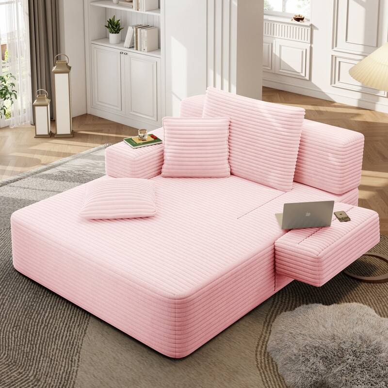 Luxurious Plush Corduroy Chaise Lounge Convertible Sofa Bed with Storage Pocket and Wide Armrests