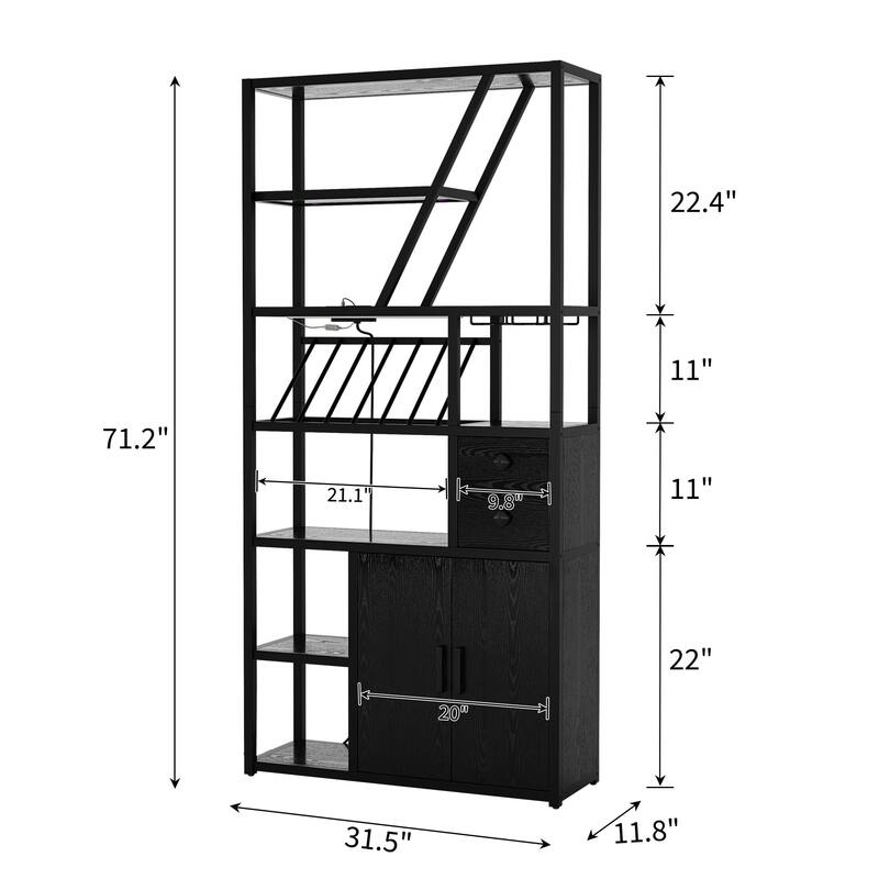 Wine Bar Cabinet with LED Lights, Tall Coffee Bar Station with Power Outlets and Wine Rack