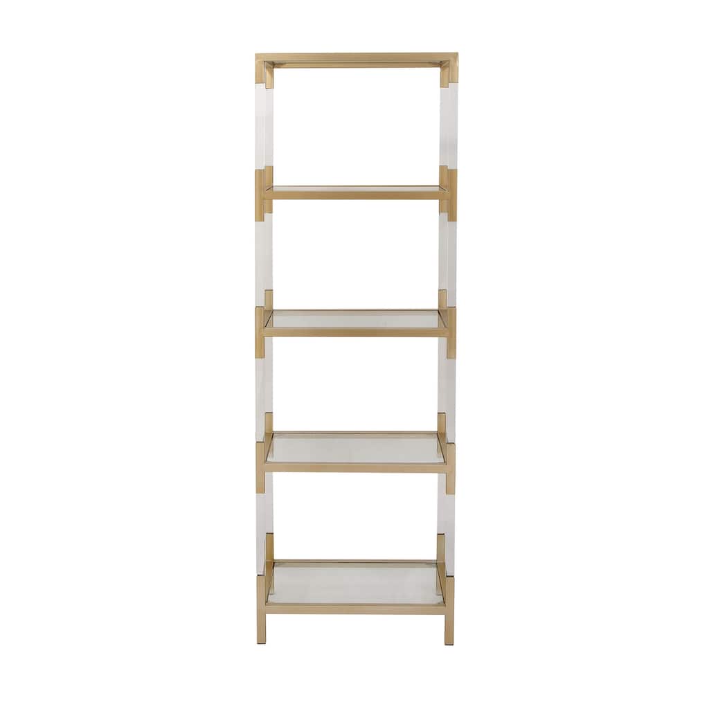Metal Minimalistic 5 Tier Shelving Unit with Clear Glass Shelves and Acrylic Legs - Gold or Clear - Roche River Decor