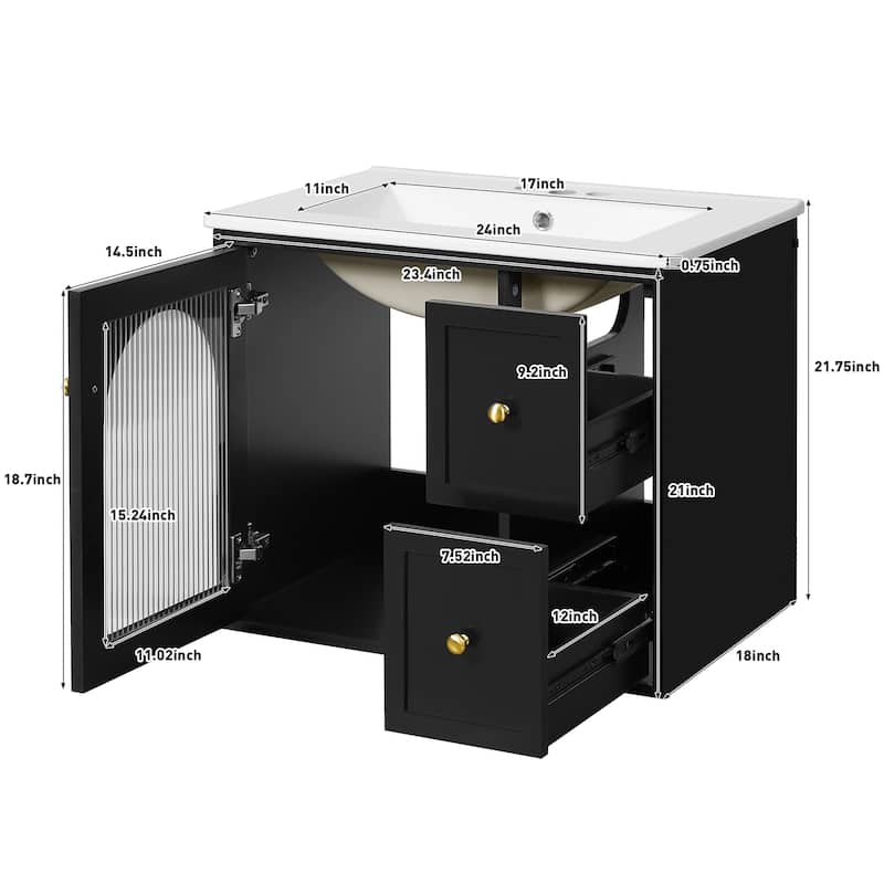 24-Inch Wall-Mounted Bathroom Vanity Set‌ – Space-Saving Cabinet with Ceramic Sink, 2 Drawers & 1 Soft-Close Door.