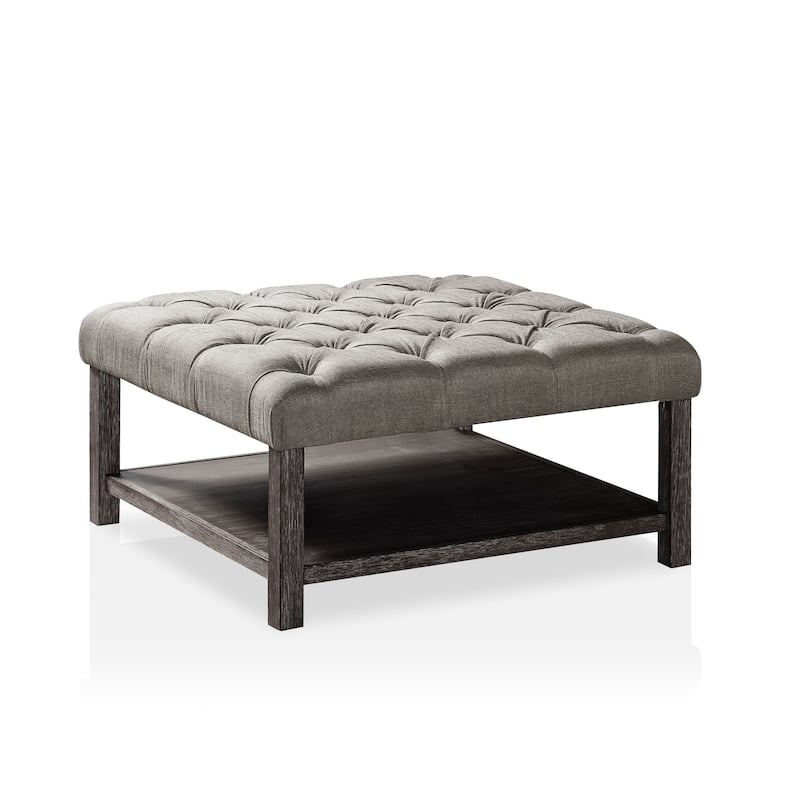Belbeck Farmhouse Grey Fabric Tufted Square Cocktail Ottoman with Open-Shelf by Furniture of America