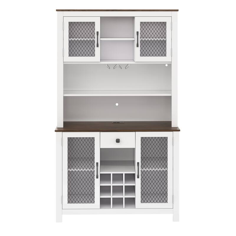 71" Pantry Cabinet, Coffee Bar Storage Cabinet with Charging Station & LED Lights, Tall Kitchen Hutch Cabinet with Wine Rack