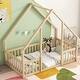 preview thumbnail 2 of 10, Natural Twin Size Pine House-Shaped Floor Bed with Roof & Guardrails