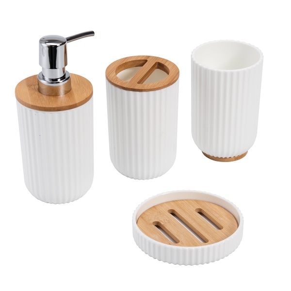 Bamboo Bath Accessories-5-Piece Set Natural Wood Tray, Lotion Dispenser,  Soap Dish, Toothbrush Holder, Wastebasket-Bathroom and Vanity by Lavish Home