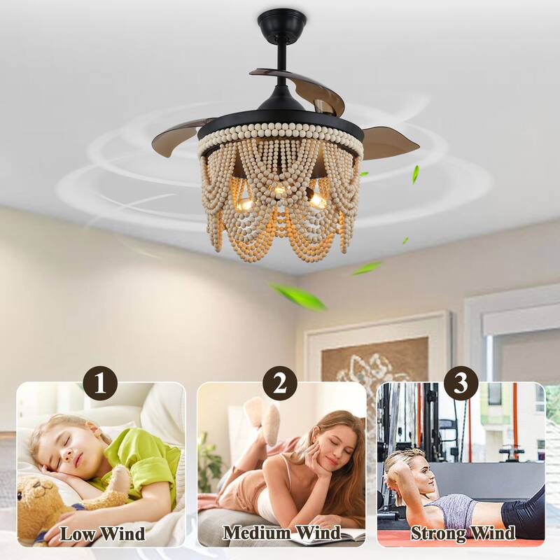 Bella Depot 42" Bohemian Retractable Ceiling Fan with Remote and Light 6-speed Modern Wood Chandelier