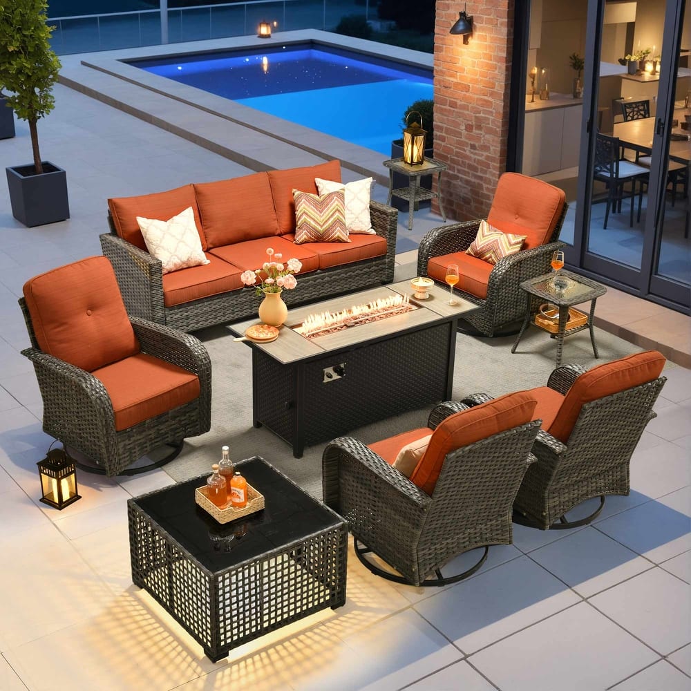 OVIOS 9 Piece Outdoor Wicker Sofa Swivel Chair Set with 54" Fire Table