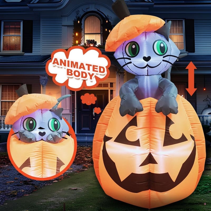 5 ft Halloween Inflatable Kitty Cat On Pumpkin - Multicolor