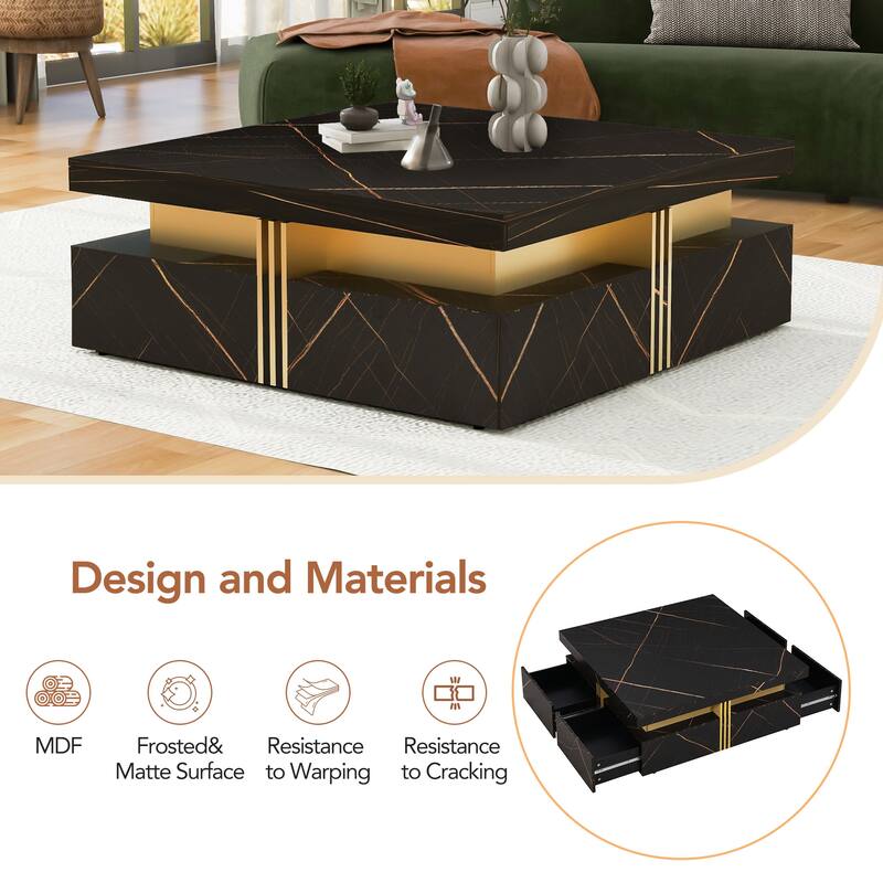 Roomfitters Modern Square Coffee Table, 4 Hidden Storage Compartments with Gold Accents, Contemporary Living Room Center Table