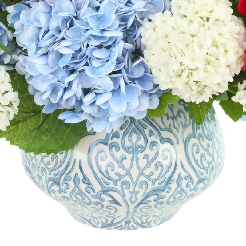 Red, White and Blue Hydrangea Arrangement in Ceramic Vase